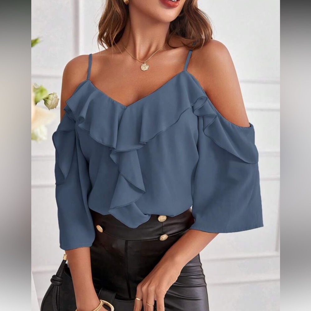 Elegant Red Ruffle Cold Shoulder Top - Picture 15 of 16